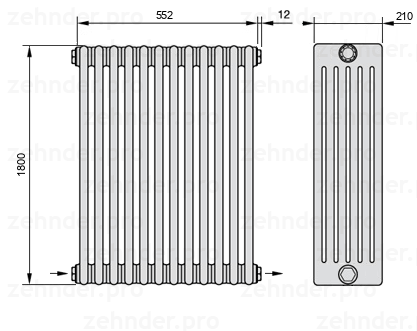 Схема (чертеж) Радиатор Zehnder Charleston 6180/12 №2670 Белый глянцевый RAL 9016